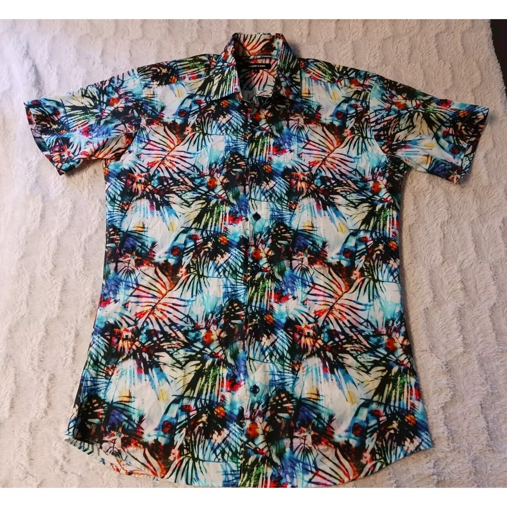 Jared Lang Shirt Men's Small Blue Button Up Short Sleeve Hawaiian Floral Print